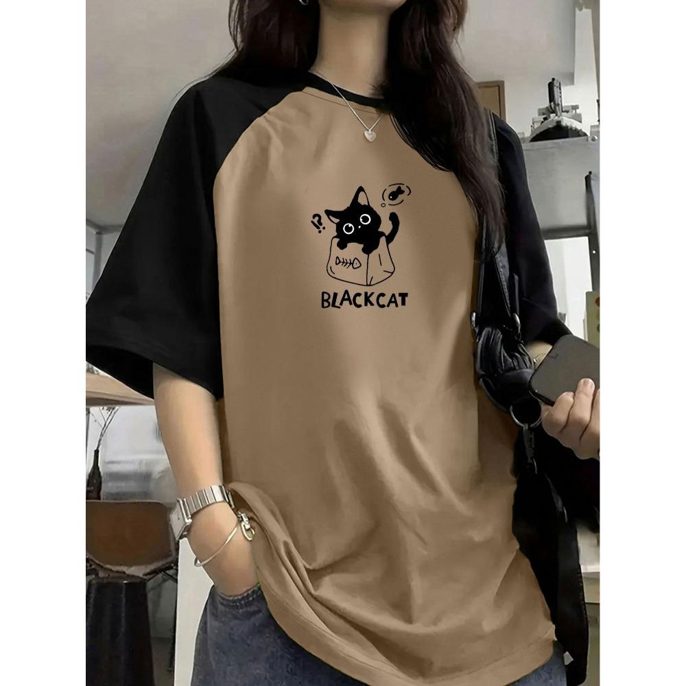 Women s Summer Color-Blocked Raglan Short-Sleeve Pullover T-Shirt With Cartoon Cat Print XXS