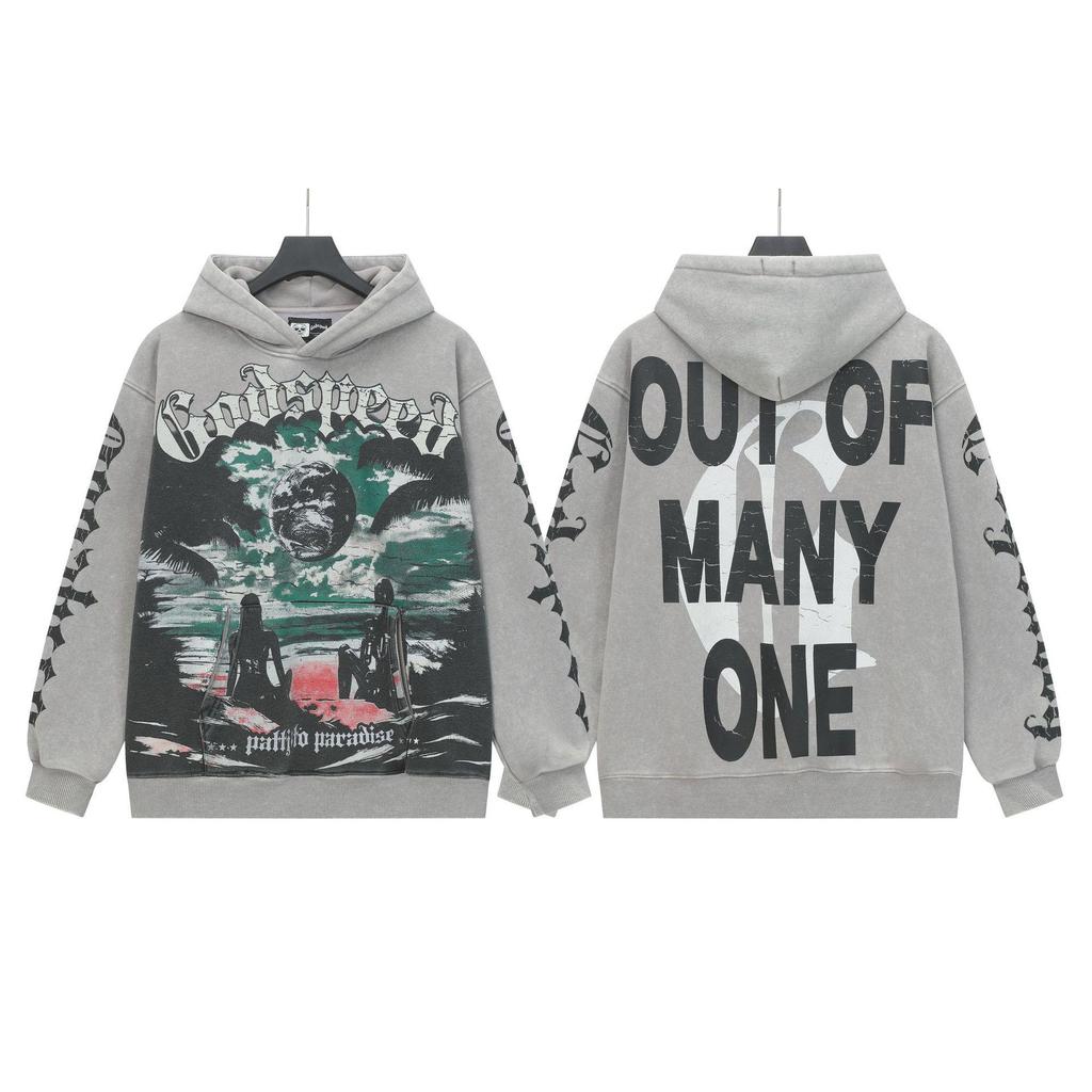 God Bless America Retro Rock Street Print Washed Hoodie - Casual Loose Fit