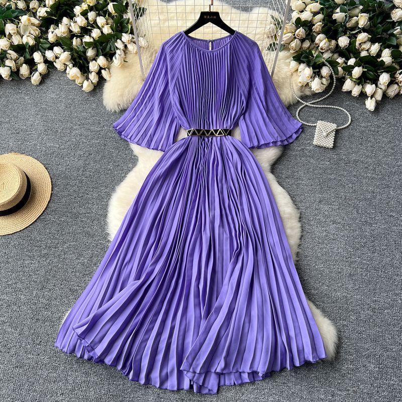 Summer Dress New Arrival Fashion Special Interest Light Luxury Elegant Retro Pleated Dress Waist-Tight Slim Looking Elegant Flare Sleeve Dress