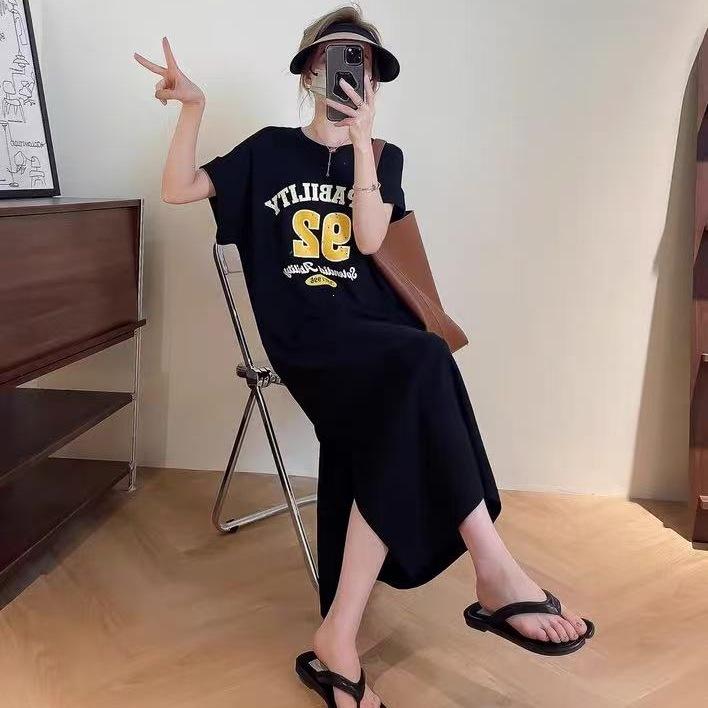 2026 New Korean Version T-shirt Skirt Short-sleeved Large-size Women's Fat Mm Loose Casual Large-size Belly-covering Long Dress