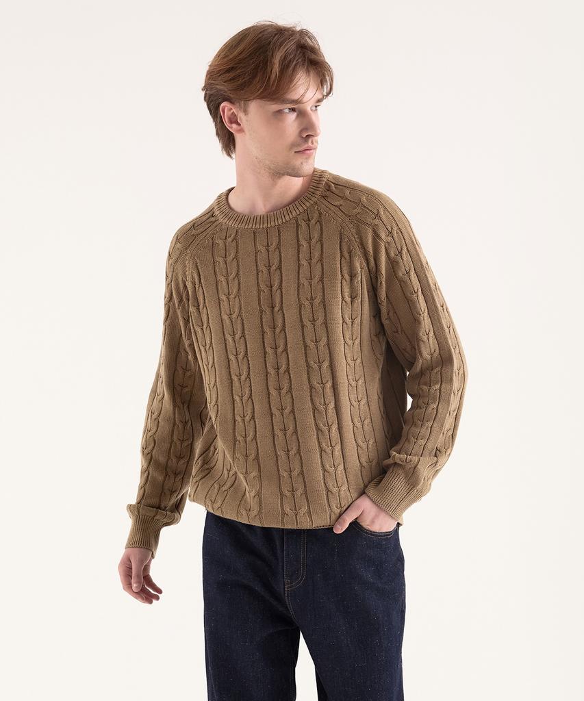 BIRBANTE Garment-Dyed Washable Cable Knit - Camel
