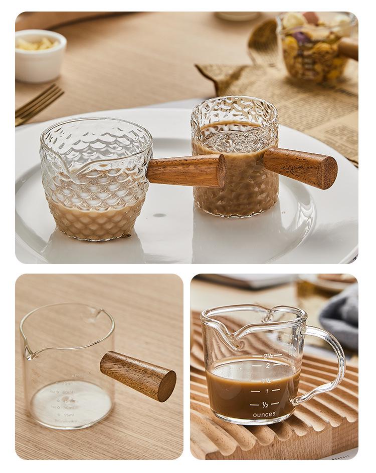 Glass Espresso Bean Measuring Cup with Double Spout, Wooden Handle, and Small Milk Jug