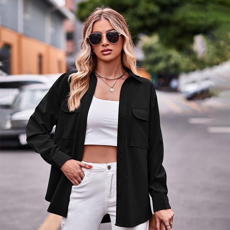 Women S Long Sleeve Solid Color Button Up Shirt With Pockets Casual