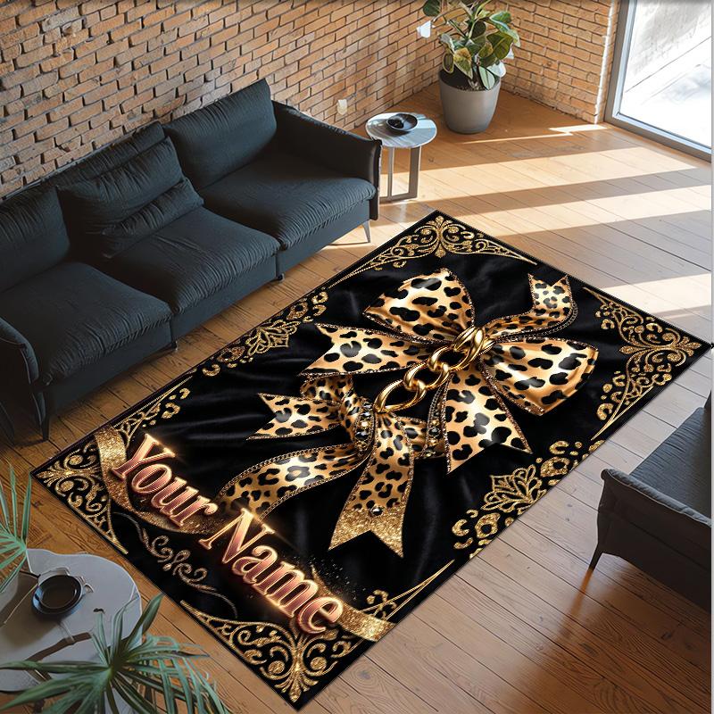 Leopard Theme Crystal Velvet Floor Rug Personalized Custom Name Text Warm Carpet Home Decoration