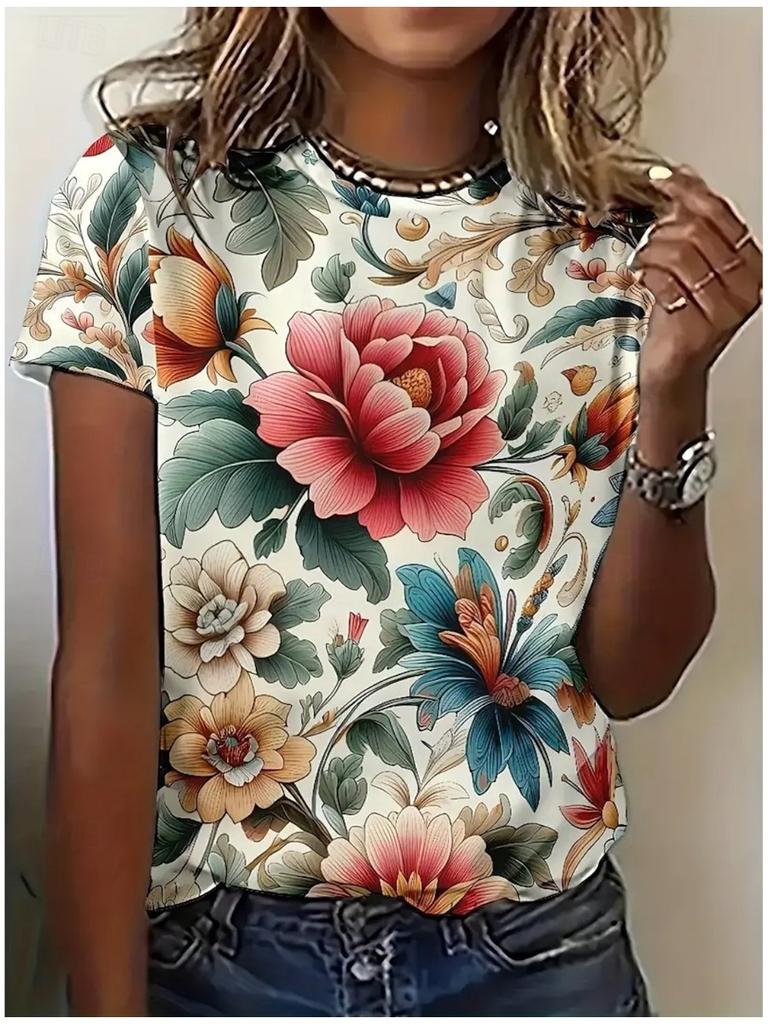 Women's Flower 3D Prints T-Shirt Short Sleeve Tees Tops Crew Neck T- Shirts Summer Casual Women's Clothing Apparel
