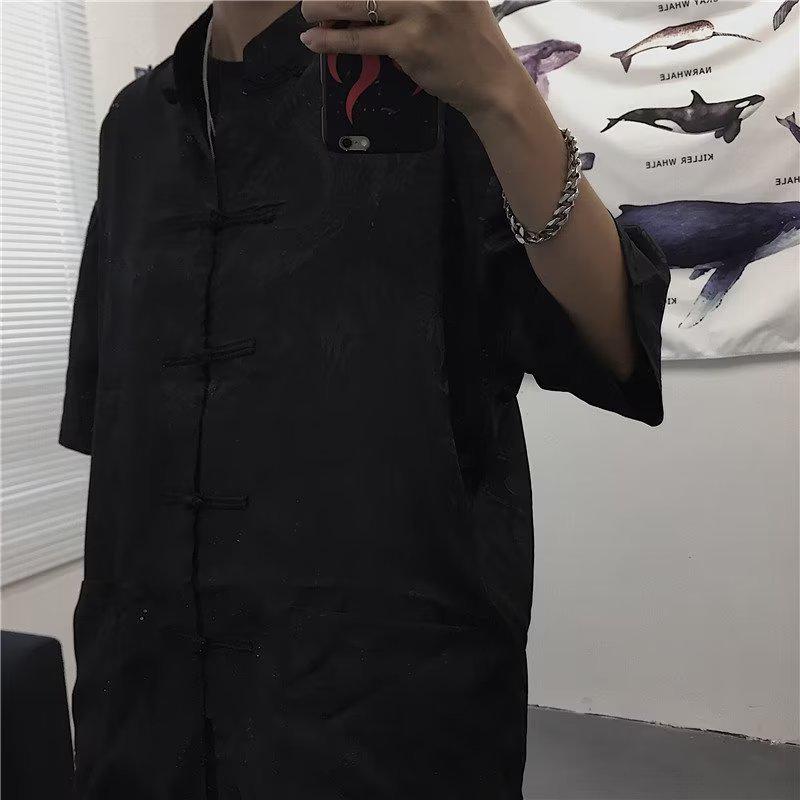 Men's Retro Chinese Tang Suit Short-Sleeved Dragon Pattern Shirt - National Trend Couple's Casual All-Match Jacket