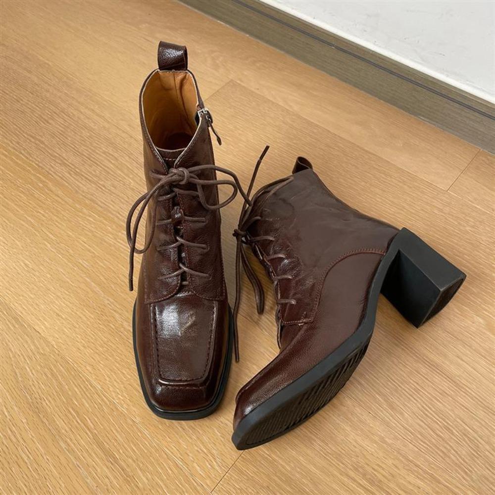 Quiet Sole Soft Leather Ankle Boots Women's Autumn Winter Thick Heel High Heel Lace-up Ankle Square Head High Heel Short Boots