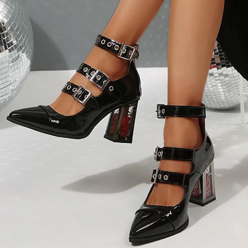 Metal Buckle Decor High Heels Pumps for Women Punk Patent Leather Pointed Toe Pumps Plus Size Strange Heeled Ankle Buckle Shoes