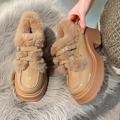 Pantofi Femei Flats Saboți cu vârf rotund Mocasini cu platformă Cu blană Crește înălțimea Rochie Creepers noi de iarnă Slip-on Solid Scurt Plush F