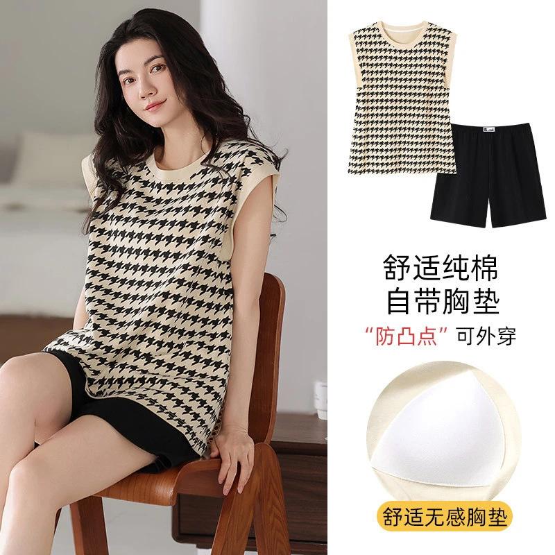 

New spring and summer sleeveless pajamas women s striped vest with chest pad shorts casual thin round neck loungewear set XXL