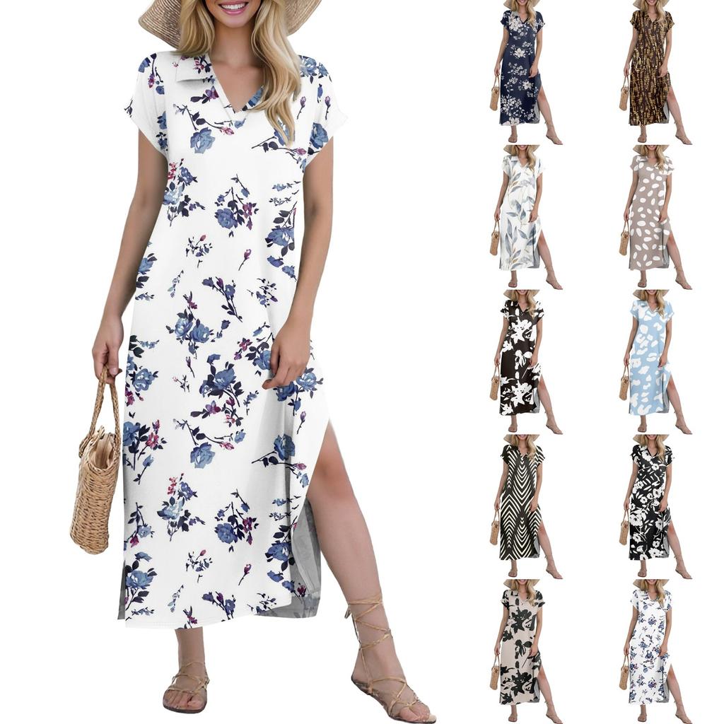 Women's Casual Comfortable V Neck Loose Hem Split Vacation Short Sleeve Floral Long Dresses