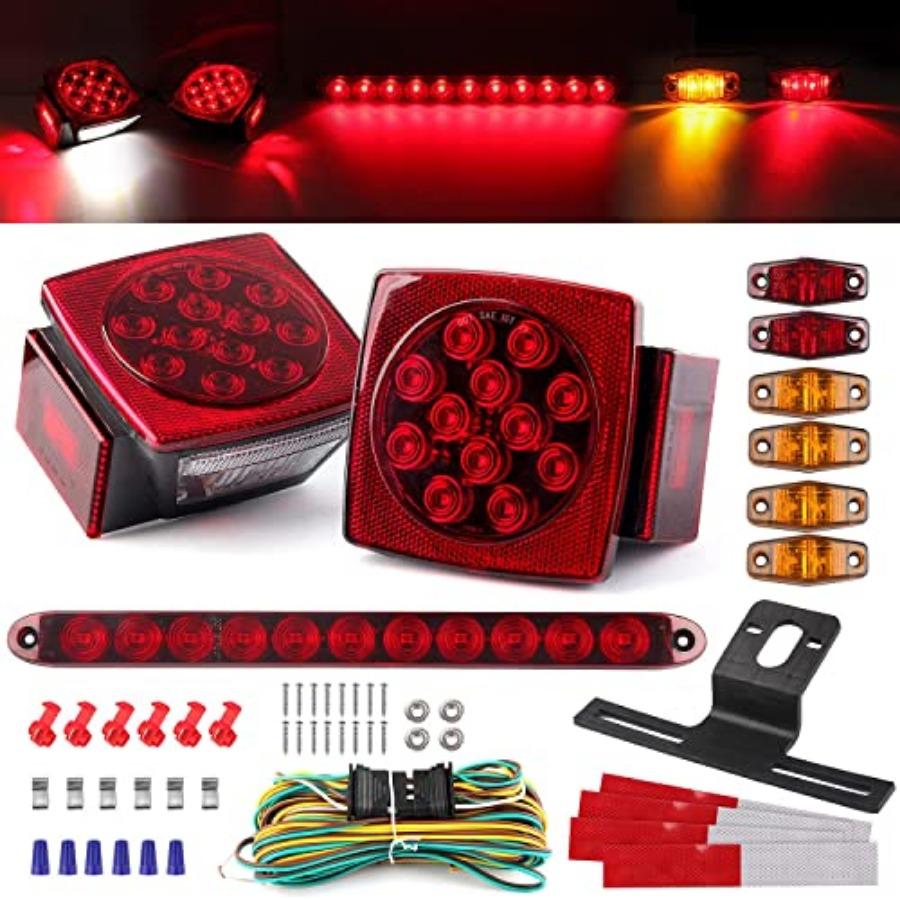 12V Trailer Led Light Kit 2x Square Led Stop Turn Tail Brake License Plate Running Lights w/ 25ft Wiring Harness/6x Mini Marker Red Amber White