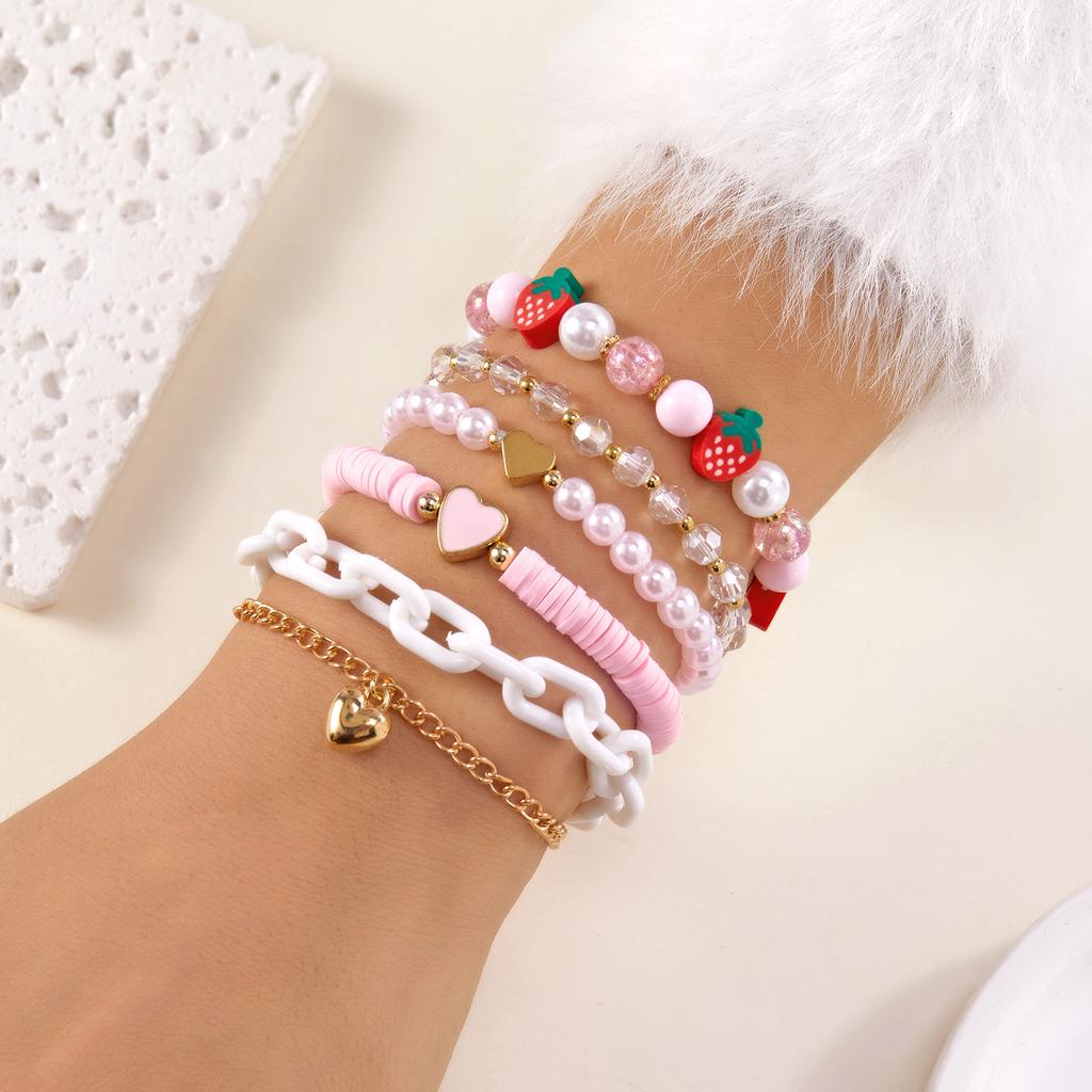 Cute Y2K Strawberry Heart Multilayer Bracelet for Women Girl Pink Polymer Clay Heshi Beads Crystal Chains Set Party Jewelry Gift