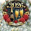 D Flat Pc Vintage Round Metal Aluminum Wall Plaque Happy New Year Sign with Champagne GlassesRoses Interior Designers