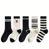 5 Pairs Of Spring Fashionable And Stockings With Black And White Vertical Pattern Lengthened Autumn And , Sweat Absorbing
