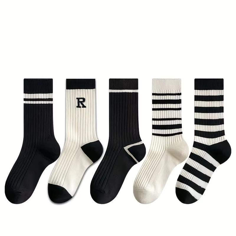 5 Pairs Of Spring Fashionable And Stockings With Black And White Vertical Pattern Lengthened Autumn And , Sweat Absorbing