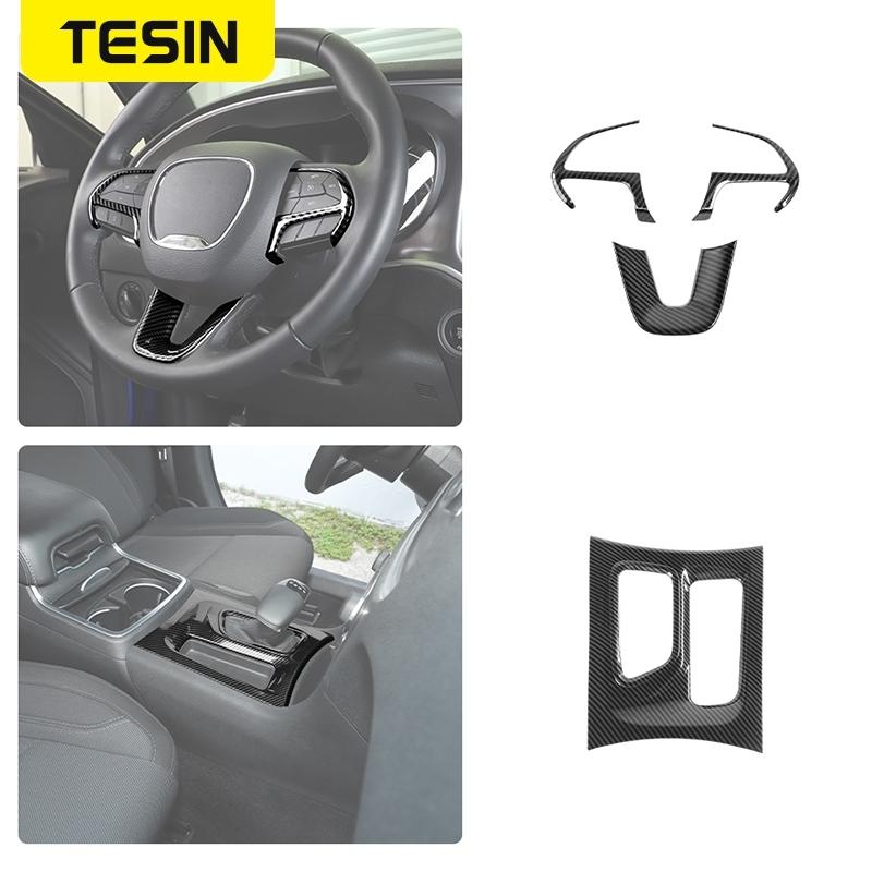Car Carbon Fiber Grain Central Control Steering Wheel Gear Shift Decoration Cover for Dodge Charger 2015 Up Interior Accessories