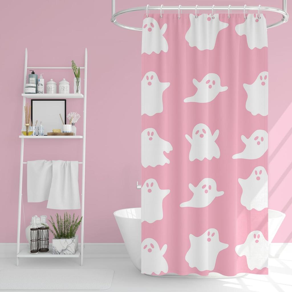 36x72 Inch Halloween Shower Curtain Cute Funny Phantom White Pink Bath Set Contemporary Cartoon Festival Bathroom Sets for Children Waterproof