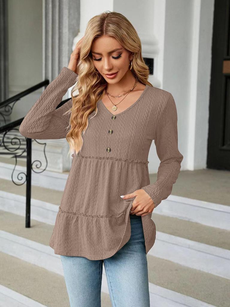 V-neck Long Sleeve Solid Color Patchwork T-shirt for Autumn/Winter 2025
