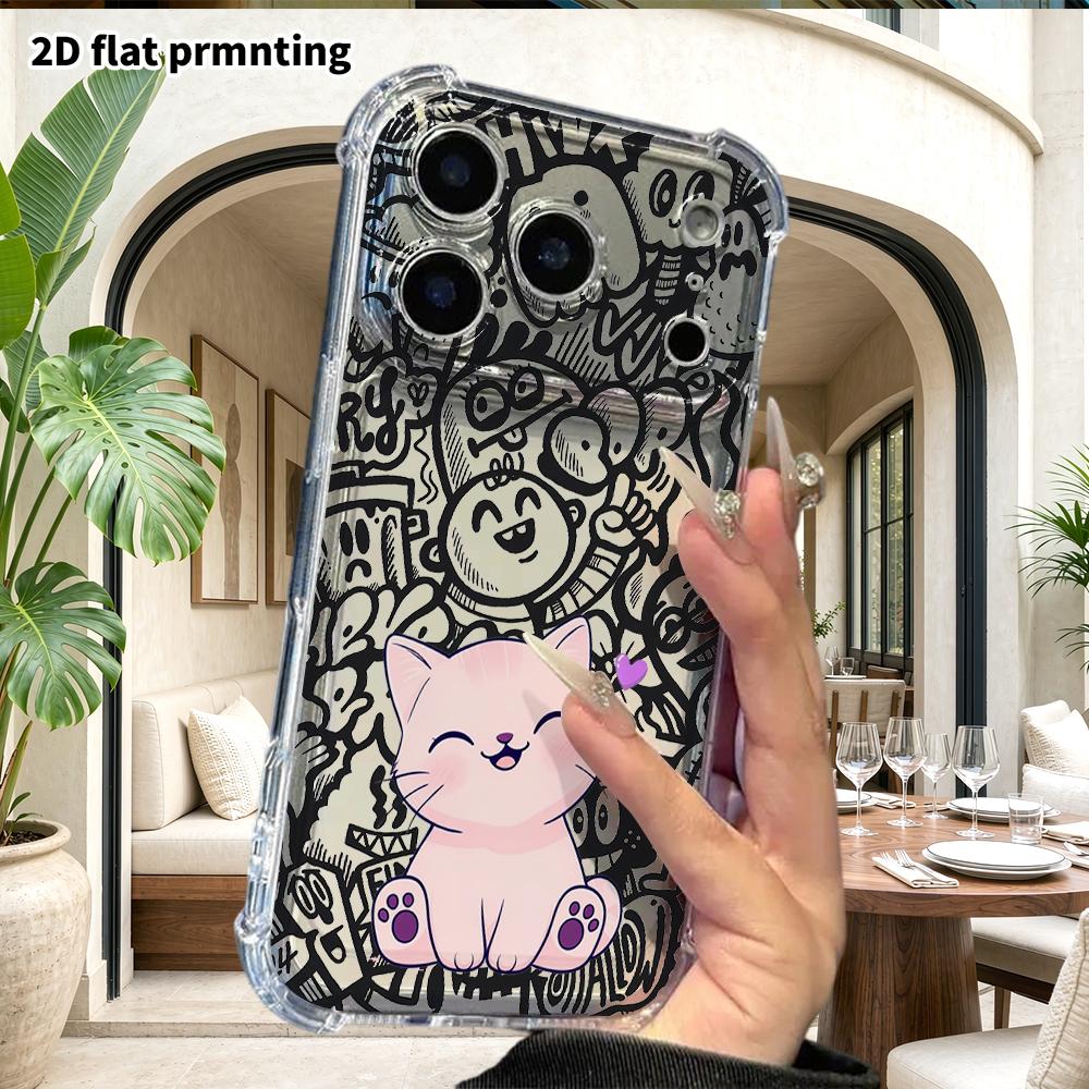 Phone Case: 2D flat suitable for iPhone 18 17 16 15 14 13 Pro, transparent four corner protective case, smiling kitty, Christmas and Halloween gift
