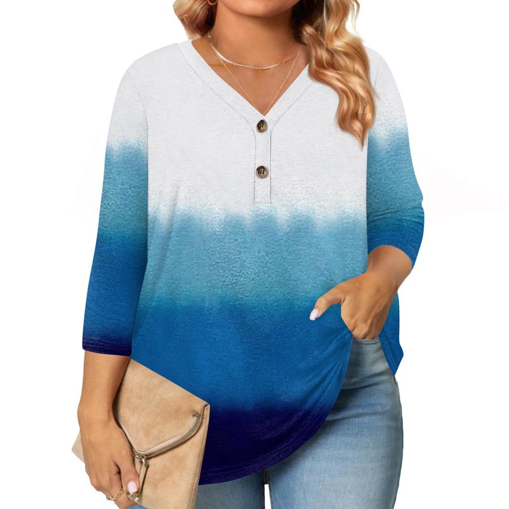 Womens 3/4 Length Sleeve Tops Plus Size Button Down V Neck Shirts Blouses Casual Printing Loose