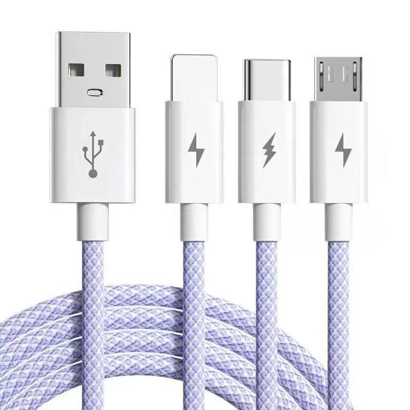 

6A 3 в 1 USB Type C кабель 66 Вт сверхбыстрые зарядные кабели для Huawei Xiaomi Samsung OPPO Lightning шнур для передачи данных для iPhone 1,2 м 1.2M фиолетовый