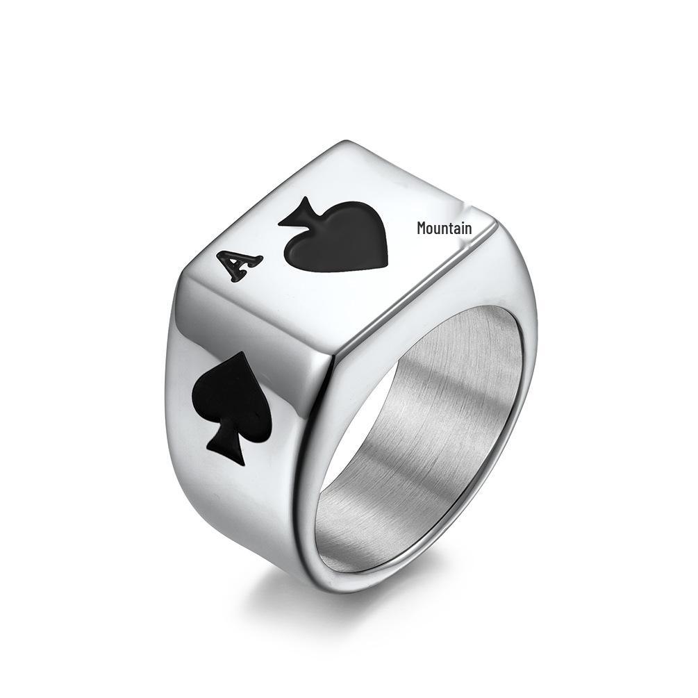Red Heart & Spade Titanium Steel Men's Ring - European & American Style Lucky Playing Card Jewelry