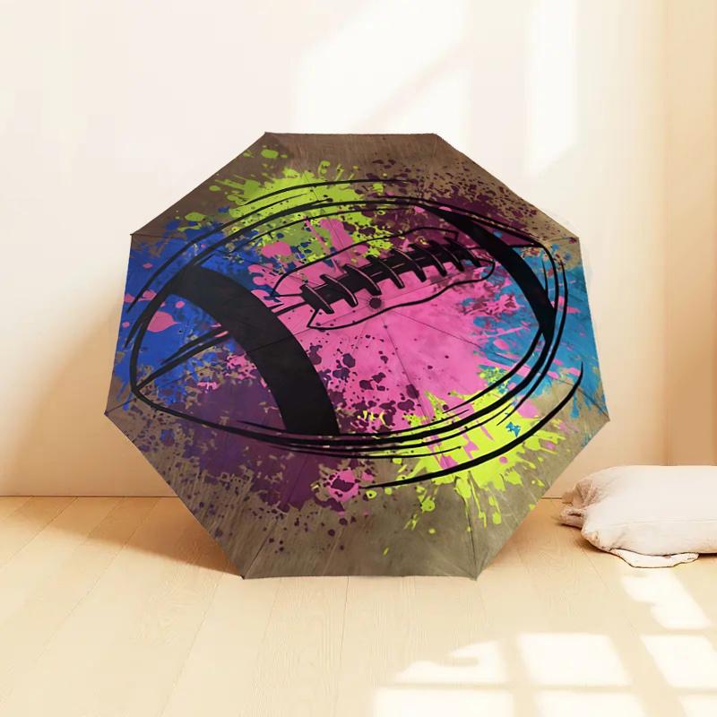 Colorful Football Splash Art Automatic Opening/Closing Umbrella - Portable Tri-Fold Design with 8-Bone Iron Frame, Perfect for Fans, Travele