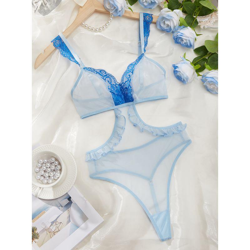 

Модный контрастный цвет, сексуальный сетчатый наряд с открытым животом, комбинезон-слинг Light Blue L