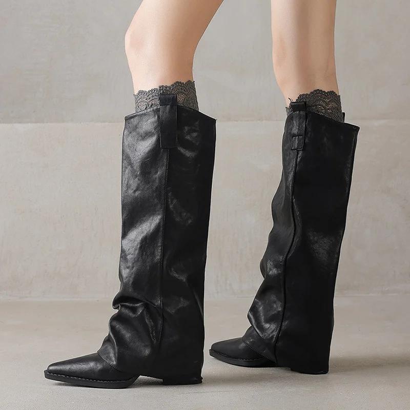 

Women s High Boots Elegant Mid Heels Fashion Knee High Shoes 2026 Winter Pumps Chelsea Boots New Walking Leather Mujer De Botas 35 чёрный