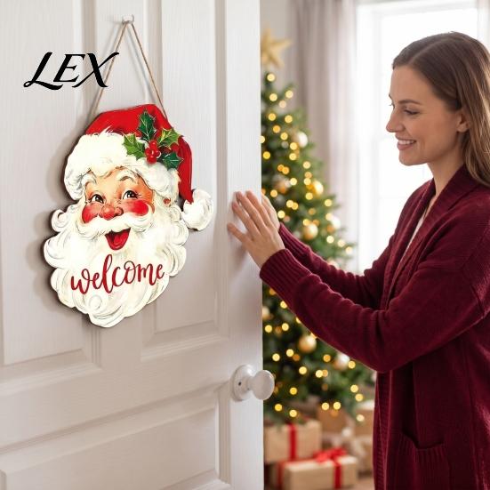 Santa Claus Decor Christmas Wooden Hanging Sign, 2D Snowman Welcome Door Plaque, Xmas Wall Farmhouse Art Ornament, Holiday for Front Porch, Entryway,