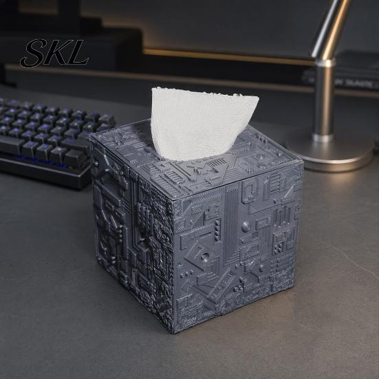 Purple Tissue Box Sci-fi Theme Box, with Smooth Paper Extraction, Large Capacity Cubic Design Matte Gray Holder Organizer, Hard Shell Durable Desktop