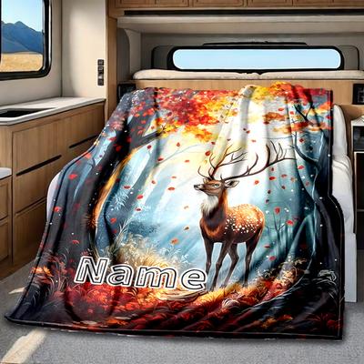 Autumn Forest Deer In Falling Leaves Landscape Blanketcustomizable With Your Namecomfortable And Stylish Perfect For Travel Beds Chairs Offices Sofas