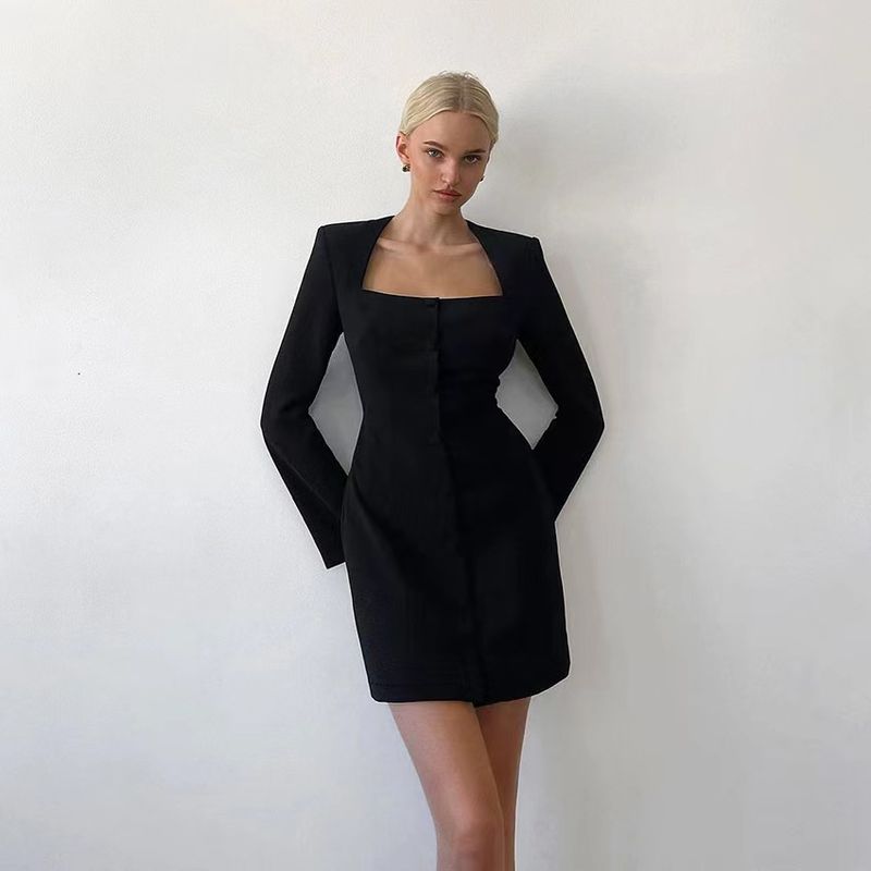 

Fashion Wind Padded Shoulder Square Collar Dress Sexy Hip Skirt Square Neck Shoulder Pad Dress Black S