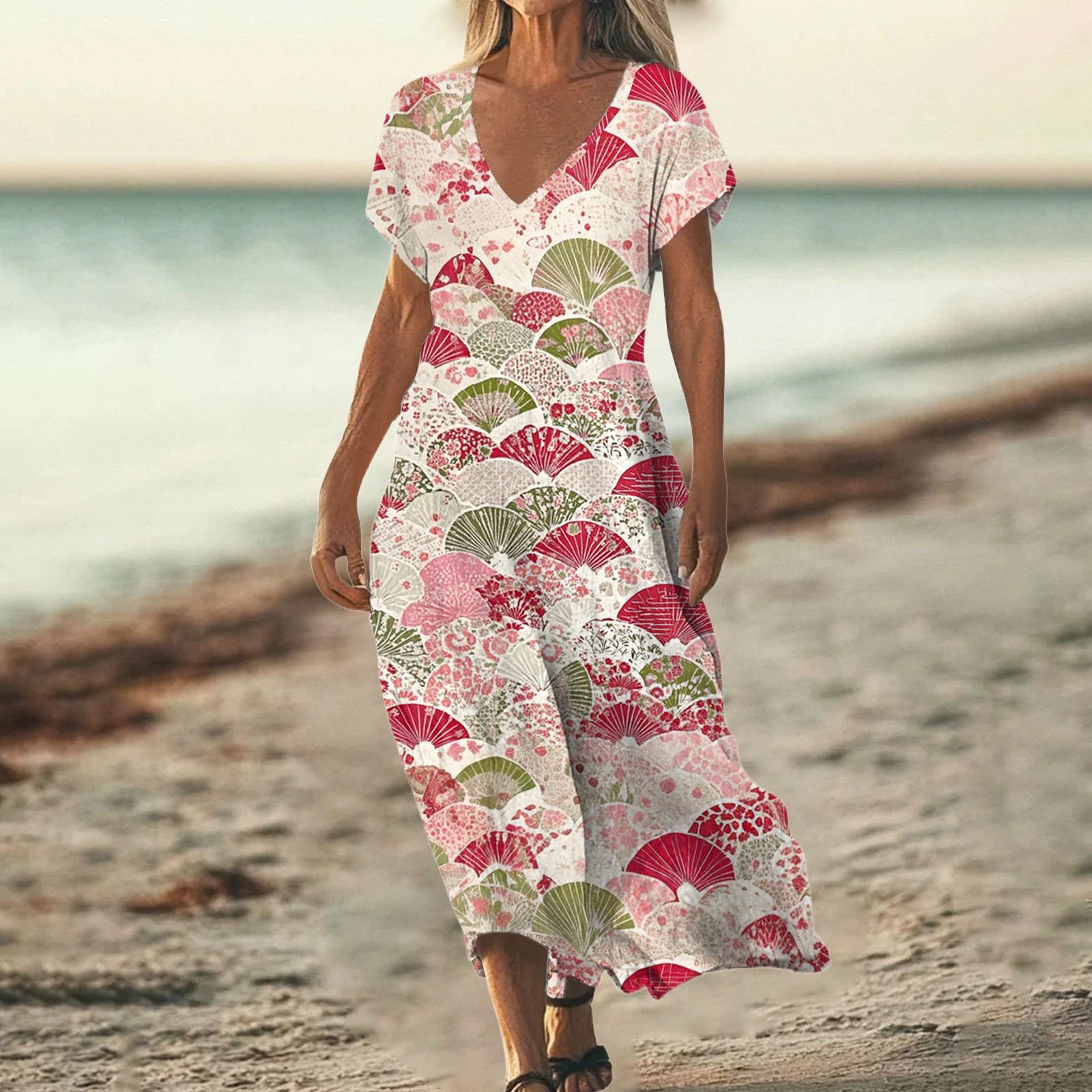 

Модное женское летнее пляжное платье с V-образным вырезом и коротким рукавом из хлопка и льна с винтажным цветочным принтом L розовый