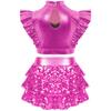 Girls Jazz Dance Outfit Mock Neck Rhinestone Adorned Mesh Patchwork Sleeveless Metallic Ruffle Crop Top
