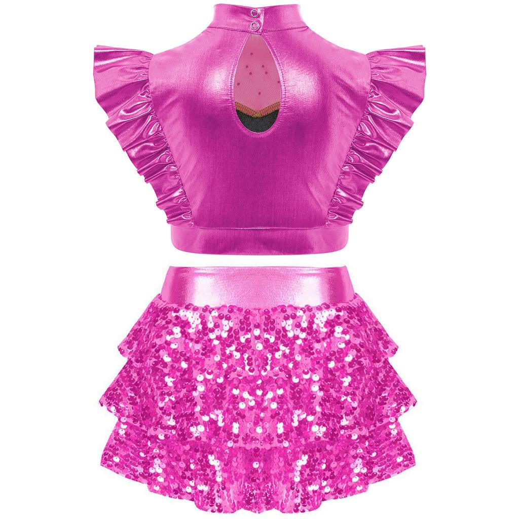Girls Jazz Dance Outfit Mock Neck Rhinestone Adorned Mesh Patchwork Sleeveless Metallic Ruffle Crop Top