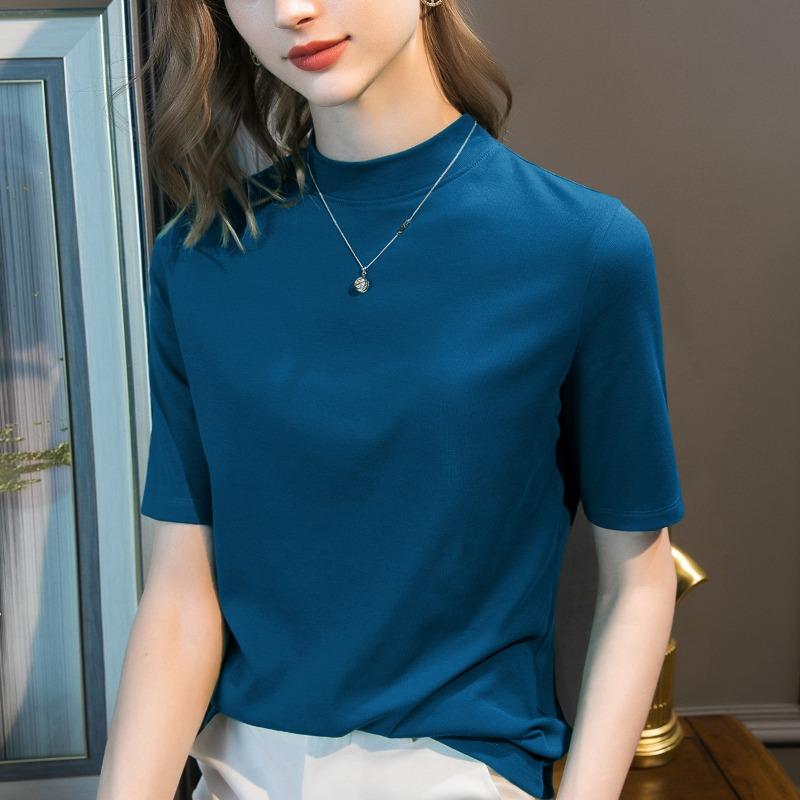 

Early autumn new women s clothing medium-sleeved small stand-up collar design sense half-sleeved women s thin t-shirt top women L павлин голубой