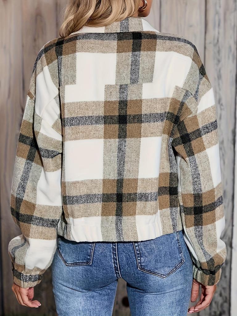 Autumn Winter Women's Plaid Zipper Jacket with Pockets - New Casual Short Style