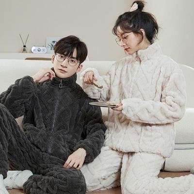 Unisex Flannel Pajamas: Thick Stand-Up Collar & Zippered Coral Fleece Suit for Couples, Perfect for Autumn & Winter.