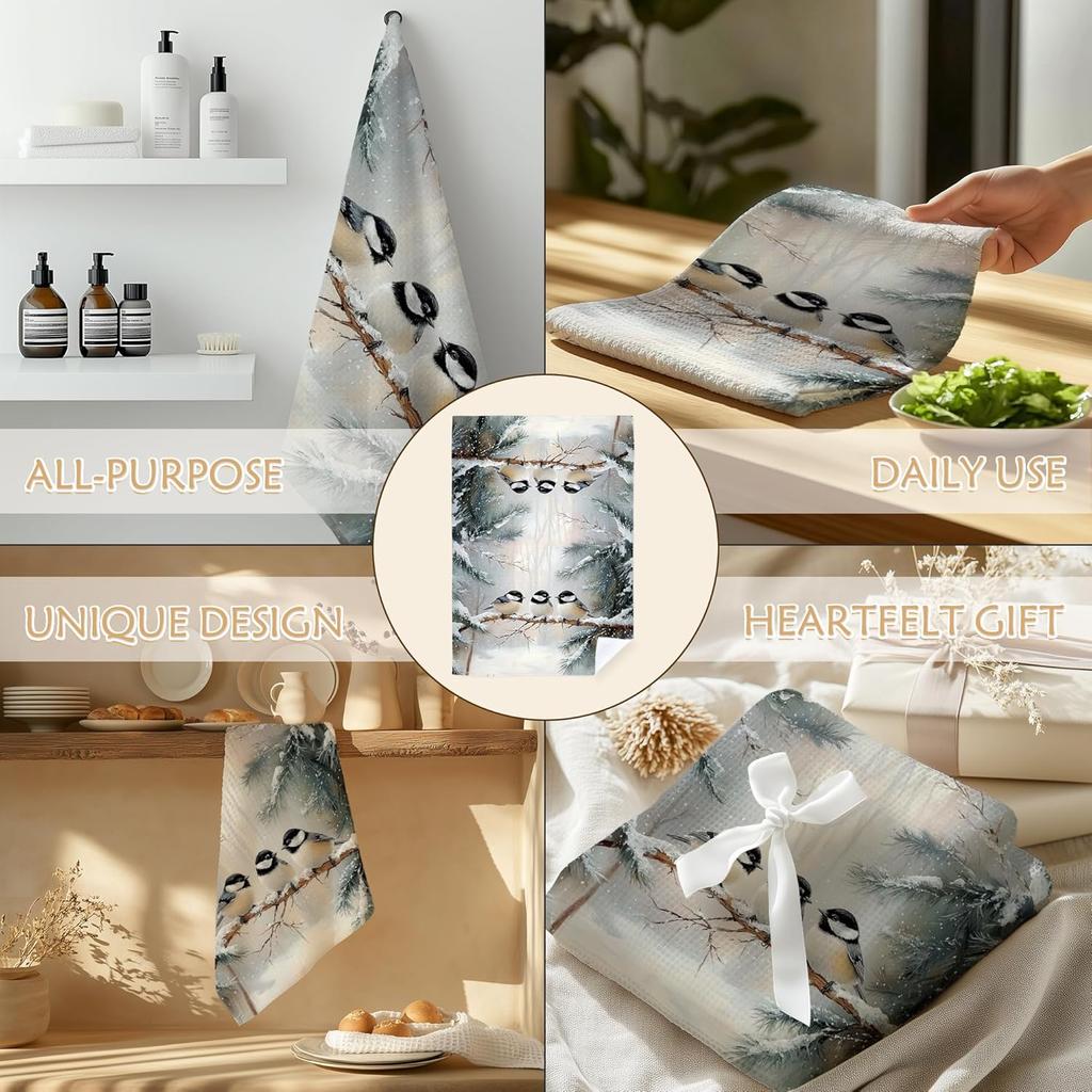 Winter Chickadee Bird Kitchen Towels, Bird Lovers Gifts for Women Men, Rustic Cottagecore Birds Decorative Hand Towels for Bathroom, Winter Kitchen