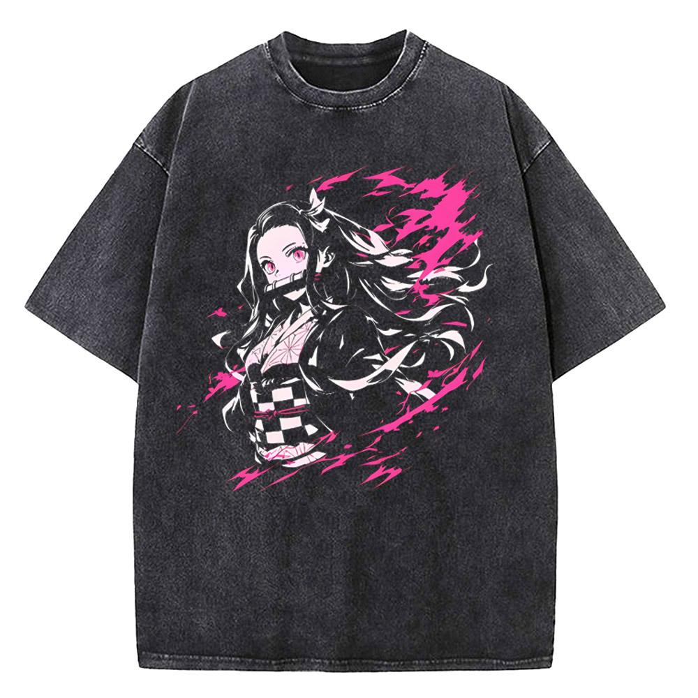 Harajuku Demon Slayer Grafik T-Shirt Herren Vintage Anime Gewaschene T-Shirts für Damen Streetwear Sommer T-Shirts T-Shirt