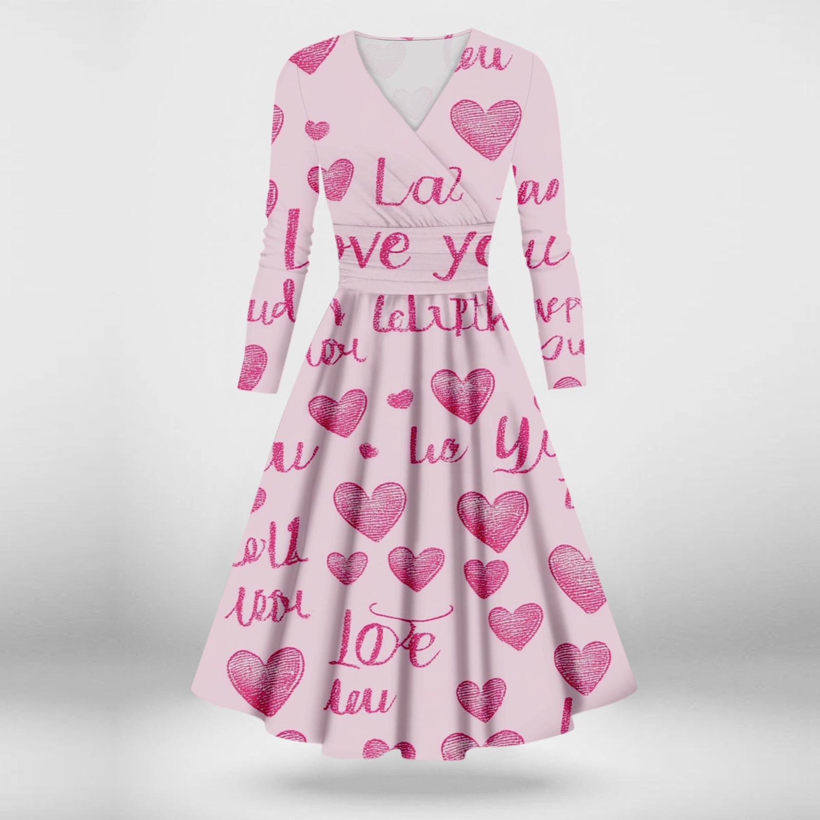 

Женское модное повседневное платье с принтом ко Дню святого Валентина, длинными рукавами и V-образным вырезом, сексуальное платье XXL