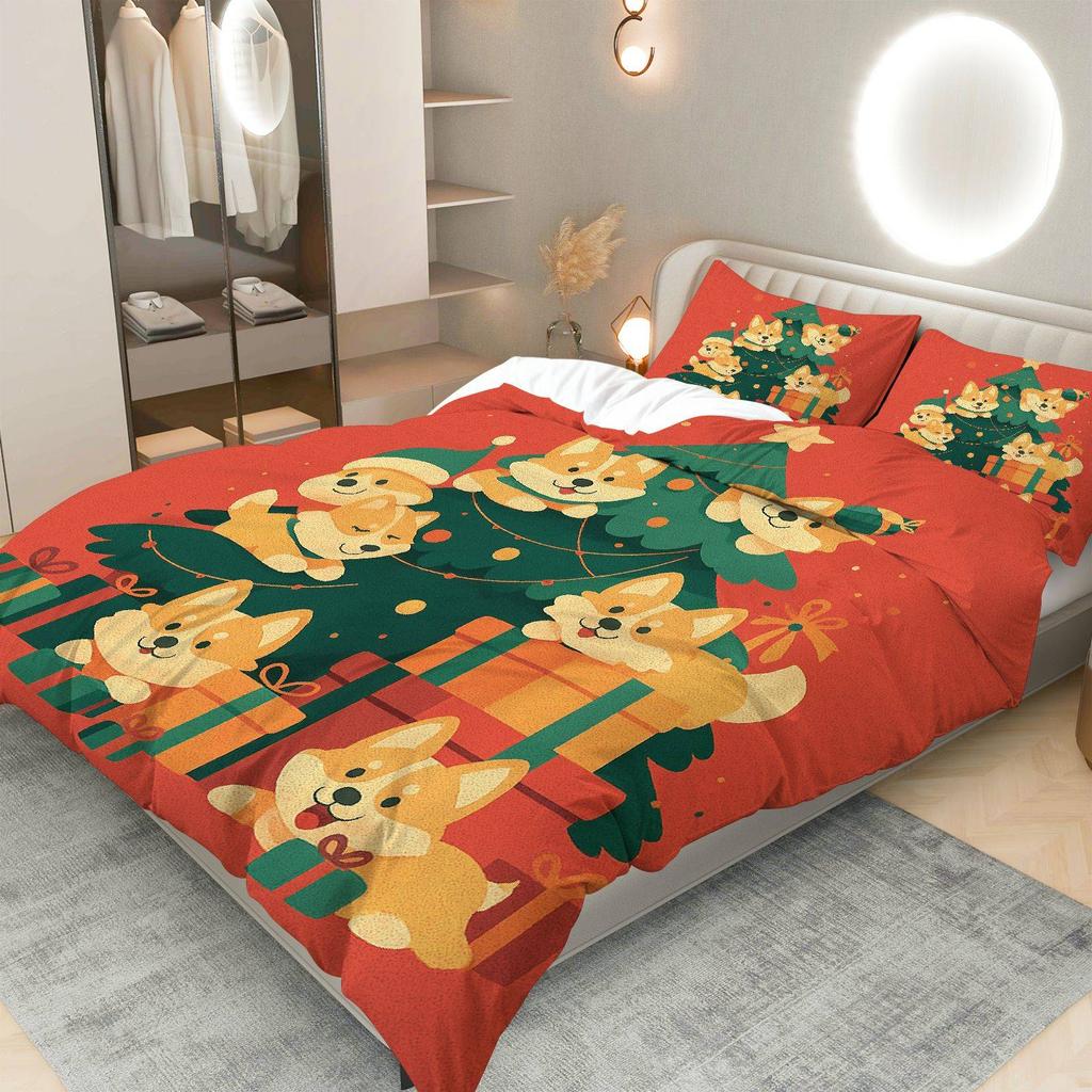 3-teiliges festliches Corgi Weihnachts-Bettbezug-Set - Gemütliche Polyester-Bettwäsche mit Reißverschluss, maschinenwaschbar, Cartoon für alle Jahreszeiten
