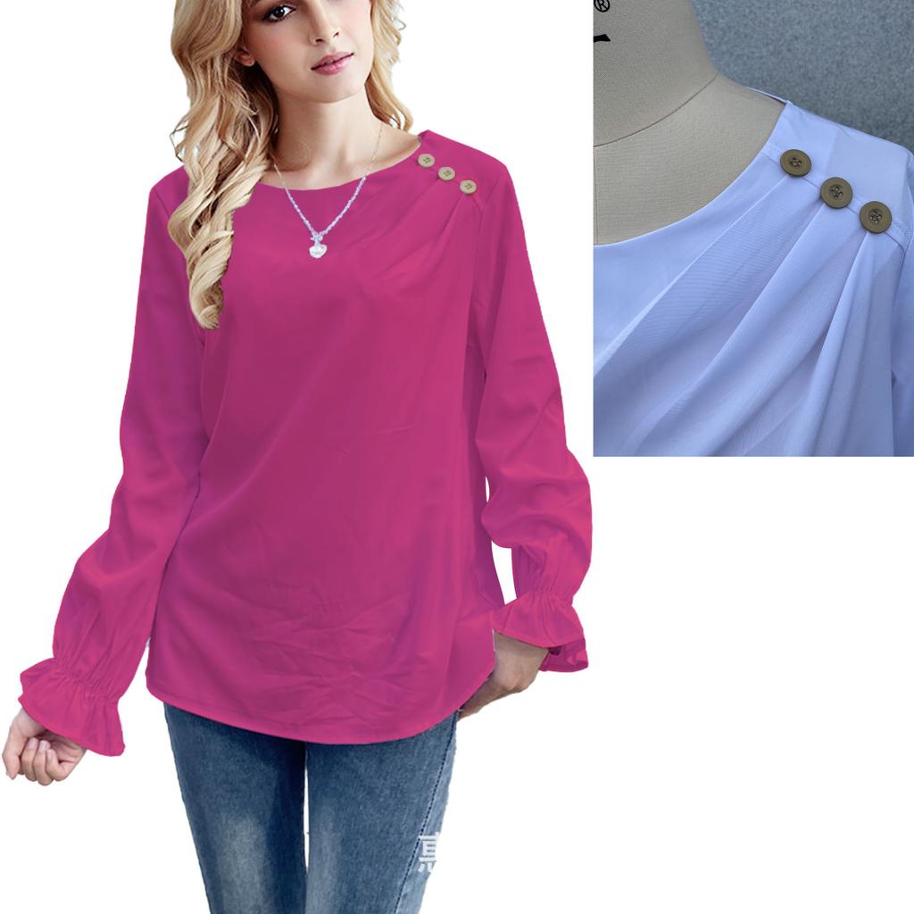 GMXIA Women's Autumn Round-neck Long-sleeved Shirt Solid Color Button Loose Women's Top