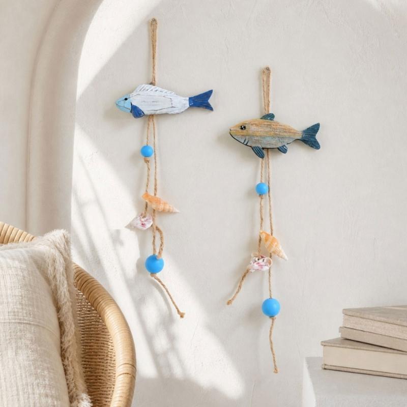 Wood Fish Wall Hanging Decors for Entryway, Bedroom, or Living Room, Ocean Theme Piece with Rope and Color Detail Trim