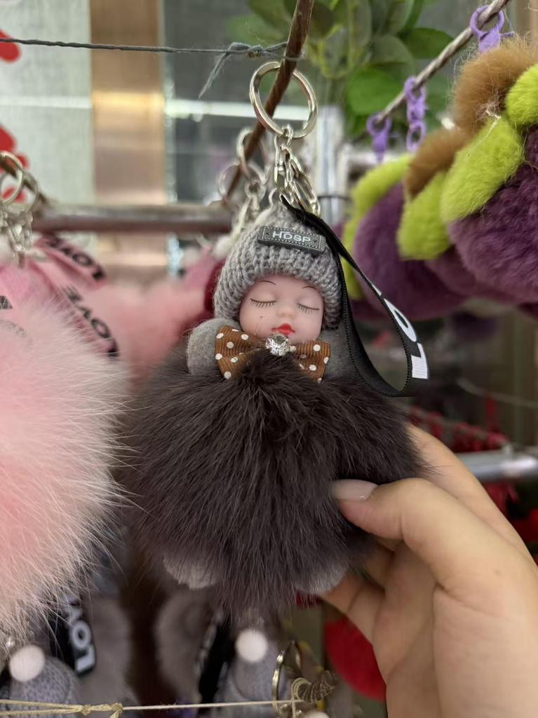 Authentic Fox Fur Pompon Keychain: Cute Plush Sleeping Doll Bag Charm