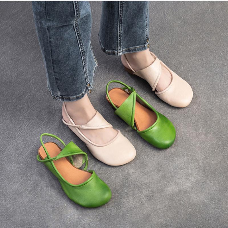 Johnature Genuine Leather Round Toe Comfortable Low Heel Sandals Casual Versatile Women's Shoes