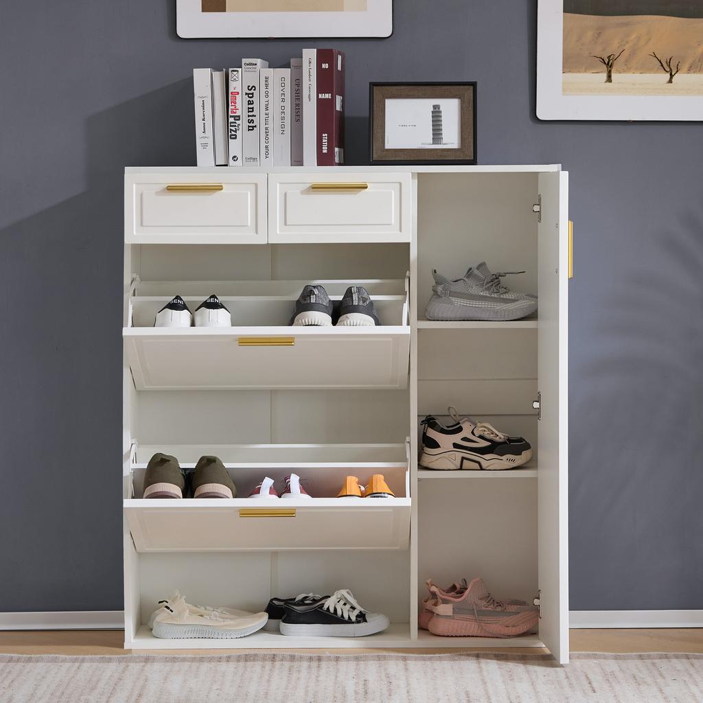 Modern Shoe Cabinet, with Adjustable Shelves, Gold Handles, Drawers, Flip-Down Shoe Cabinet and Doors, White, W95/D24/H107.5