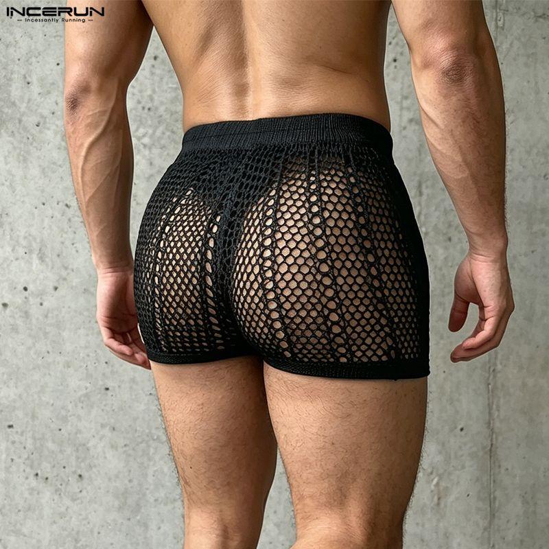 INCERUN Mens Sexy See Through Mesh Shorts Fishnet Transparent Hollow Out Boxer Trunks Underwear Nightwear Party Clubwear